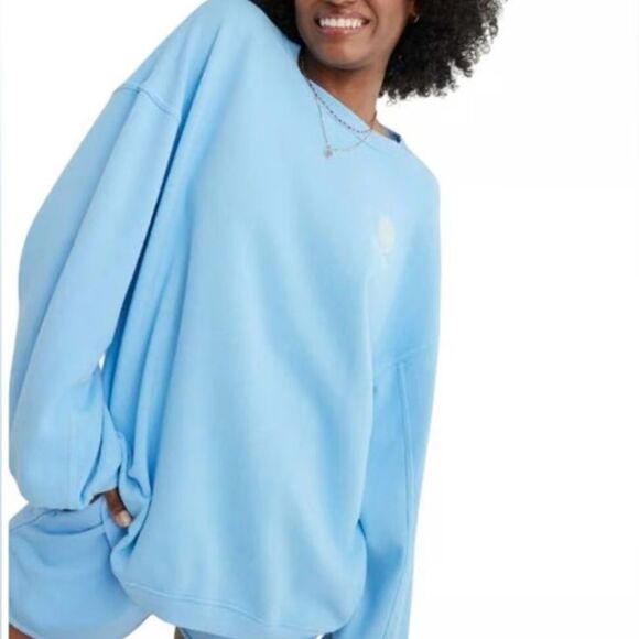 Aerie Light Blue Cotton Blend Oversized Smiley Academy Long Sleeve Sweatshirt - Picture 1 of 10